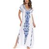 JENJON Donna Corta Manica Cover Up Caftano Floreale Ricamato Laterale Diviso Vestito da Spiaggia Abiti A-Bianco