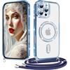 Coiwxmoi Cover Magnetica per iPhone 13 Pro Max Custodia con Cordino Laccio, Compatibile con Magsafe Trasparente Glitter Silicone Protettiva Antiurto Antigraffio Case con Collana, Blu