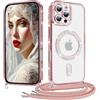 Coiwxmoi Cover Magnetica per iPhone 13 Pro Max Custodia con Cordino Laccio, Compatibile con Magsafe Trasparente Glitter Silicone Protettiva Antiurto Antigraffio Case con Collana, Rosa