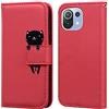 Ailisi Cover per Xiaomi Mi 11 Lite/Xiaomi 11 Lite 5G NE, Red Flip Cover Cartoon Cute Cat Custodia Protettiva Caso Libro in Pelle PU con Portafoglio, Funzione Supporto - Gatto, Rosso Scuro