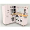 HOMASIS Cucina Giocattolo in Legno ad Angolo, Cucina per Bambini con Luci e Suoni, Cucinetta Simulata con Macchina del Caffè, Forno, Frigorifero, per Bambini dai 3+ Anni (Rosa)