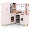 RELAX4LIFE Cucina Giocattolo per Bambini, Cucina ad Angolo in Legno, Effetti Suoni e Luci, Fornelli, Frigorifero, Macchina da Caffè, Lavatrice e Utensili, per Bambini 3+ Anni (Rosa)