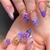 MouyouGlow Unghie Finte Corte MouyouGlow,Mandorla Viola French 3D Fiori Floral Perle Diamant Stella Marina Design Short Press on Nails,Violett Tips Flower Sweet Estate INS Fake Nails