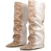 Ceciloroda Fold Over Stivali Slouch Block Heels Dressy Stivali al Ginocchio per donne Shark Stivali Appuntito Wide Calf Pull on Pleated Fall Scarpe Apricot Size 44