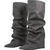 Ceciloroda Fold Over Stivali Slouch Block Heels Dressy Stivali al Ginocchio per donne Shark Stivali Appuntito Wide Calf Pull on Pleated Fall Scarpe Black Size 37