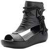 CRETUAO Sandali Alti in Pelle Donna, Piattaforma Estiva Stivali Casual Punta Aperta con Bocca Pesce Vintage, Sandali con Zeppa grossi Scarpe comode Spiaggia Stile Romano Donna,Nero,39 EU