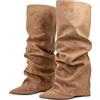 Ceciloroda Fold Over Stivali Slouch Block Heels Dressy Stivali al Ginocchio per donne Shark Stivali Appuntito Wide Calf Pull on Pleated Fall Scarpe Apricot Size 38