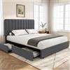 VECELO Letto matrimoniale imbottito 160 x 200 cm con 4 cassetti e testiera regolabile, telaio letto in velluto, supporto a doghe in legno solido, facile da montare, grigio