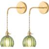 DLGLOLIN Set di 2 applique da parete per interni con interruttore, paralume in vetro verde, lampada da parete a forma di fiore, illuminazione da parete per bagno, soggiorno, camera da letto, cucina
