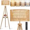 OUTON Lampada da Terra Treppiede in Legno Massello con Doppi Paralumi | in Rattan & Lino, Piantana da Terra con Telecomando, Dimmerabile & 4 Temperature di Colore, per Soggiorno, Legno con rattan