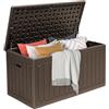 DWVO Scatola portaoggetti in resina da 340 l, impermeabile, a doppia parete, con struttura in legno, contenitore da giardino con serratura che funge anche da tavolo o panca (capacità 204 kg), marrone
