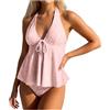 Generico Set Tankini Halter Costume Bagno Volant Due Pezzi Controllo Pancia Bottom Bikini con Pizzo Taglia Plus (Rosa-a, XXL)