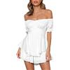 ensswliz Vestito da donna con maniche a sbuffo e scollo quadrato, con spalle scoperte, pantaloncini con volant e punto smock a strati fluida una linea mini abito da spiaggia swing prendisole, bianco