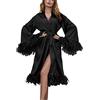 Caziffer Camicia da Notte Donne Raso Kimono Accappatoio Sexy Piuma Lingerie Robe Sleepwear Vedere Attraverso Babydoll Partito Nuziale Vestaglia Abito Accappatoio (A Nero, One Size)