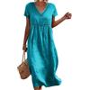 Onsoyours Vestito Estivo Donna Lungo Bohémien Elegante Maniche Corte Abito in Cotone Lino Casual Chic A-Linea Leggero E Traspirante Midi Abiti da Spiaggia Vacanza A Blu XL