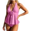 Generico Set Tankini Halter Costume Bagno Volant Due Pezzi Controllo Pancia Bottom Bikini con Pizzo Taglia Plus (Rosa Caldo-a, S)