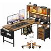 YOUDENOVA Scrivania Angolo a L Reversibile Scrivania Gaming con Pannello Forato e Mensola, Tavolo da Lavoro con LED, Presa e USB, 3 Cassetti per Working e Videogiochi 135x100 cm Marrone