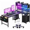 YOUDENOVA Scrivania Angolo a L Reversibile Scrivania Gaming con Pannello Forato e Mensola, Tavolo da Lavoro con LED, Presa e USB, 3 Cassetti per Working e Videogiochi 135x100 cm Nero Carbone