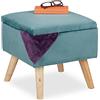 Relaxdays Sgabello Poggiapiedi, Velluto, Gambe in Legno di Eucalipto, Pouf Imbottito, Scomparto, 40x40x40 cm, Turchese