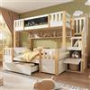 Kebnor Letto a castello per 3 bambini, 90 x 200 e 140 x 200 cm, in legno massello con lavagnetta, scala di archiviazione, 2 cassetti e cabina scaletta, stabile letto a soppalco (bianco naturale)