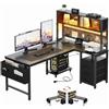 YOUDENOVA Scrivania Angolo a L Reversibile Scrivania Gaming con Pannello Forato e Mensola, Tavolo da Lavoro con LED, Presa e USB, 3 Cassetti per Working e Videogiochi 135x100 cm Nero