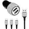 Huba Caricabatteria da auto con cavo USB, set di accessori per auto in cristallo di lusso, bianco