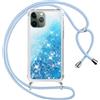 Vauki Cover per iPhone 11 Pro con Cordino, Trasparente Glitter Liquido Antiurto Brillantini Tracolla Custodia, Silicone Bumper Laccio Sabbie Donna Protettivo Case per iPhone 11 Pro, Blu