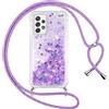 Vauki Cover per Samsung Galaxy A52s 5G/A52 4G/5G con Cordino, Trasparente Glitter Liquido Antiurto Brillantini Tracolla Custodia, Silicone Bumper Laccio Sabbie Donna Protettivo Case, Viola