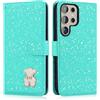 Ailisi Cover per Samsung S25 Ultra, Glitter Bling Custodia per Galaxy S25 Ultra, Orso Magnetica Custodia in Pelle PU Protettiva Portafoglio Libro Magnetica Flip Case con Porta Carte, Stand, Verde