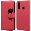 Ailisi Cover per Galaxy A20S, Red Flip Cover Cartoon Cute Cat Custodia Protettiva Caso Libro in Pelle PU con Portafoglio, Funzione Supporto, Chiusura Magnetica - Gatto, Rosso Scuro