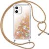 Vauki Cover per iPhone 12 mini con Cordino,Trasparente Glitter Liquido Antiurto Brillantini Tracolla Custodia,Silicone Bumper Laccio Sabbie Donna Protettivo Case,Oro