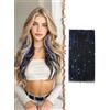 FESHFEN Extension Capelli Neri Clip con Blu Glitter Sintetici per Donna | Estensioni Capelli con Tinsel Colorate 50 cm 1pz 4 Clips, Resistente al Calore, Facili da Applicare, DIY per Festa Carnevale