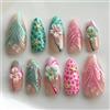 Bryxora 30 Pezzi Unghie Press On Mandorla Verde, Unghie Artificiali Media Lunghezza con Design 3D di Fiori, Set Completo Manicure Fai Da Te a Casa