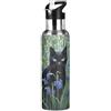 Mnsruu Borraccia da 590 ml con cannuccia con gatto nero tra fiori viola, in acciaio inox, per viaggi, sport, borraccia termica a tenuta stagna