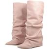Ceciloroda Fold Over Stivali Slouch Block Heels Dressy Stivali al Ginocchio per donne Shark Stivali Appuntito Wide Calf Pull on Pleated Fall Scarpe Pink Size 43