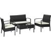 Outsunny Set da Giardino 4 Pezzi in Rattan PE, Salotto da Giardino con Tavolino da Giardino 75x40x38 cm, 2 Poltroncine 57x60x77 cm e Divano 2 posti 108x60x77 cm, Nero e Crema