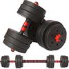 BAKAJI Set 2 in 1 Manubri Regolabili con Barra Bilanciere e 12 Dischi Totale Peso 25kg (4x2.5kg + 4x2kg + 4x1.5kg), Rivestimento Nero e Rosso in Gomma Piuma Antiruggine Antiscivolo, Fitness