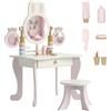 AIYAPLAY Toeletta Trucco Bambina con Sgabello, Triplo Specchi, Rosa | Cassetto e 5 Accessori in Legno di Pino, Specchiera Trucco in Legno, Postazione Trucco Bambina 3+ Anni per Cameretta