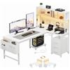 YOUDENOVA Scrivania Angolo a L Reversibile Scrivania Gaming con Pannello Forato e Mensola, Tavolo da Lavoro con LED, Presa e USB, 3 Cassetti per Working e Videogiochi 135x100 cm Bianco