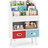 RELAX4LIFE Libreria per Bambini, Scaffale a 3 Piani con Cubi di Stoccaggio e 2 Cassetti in Tessuto Pieghevoli, con Kit Antiribaltamento (BIANCO)
