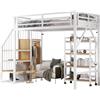 Azkoeesy Letto a Soppalco Singolo 90x200 cm in Metallo Resistente, con Scala salvaspazio sicura, Portaabiti, Librerie Mobili con Ruote, Parapetto di Sicurezza, Colore Bianco, per Adolescenti e Adulti