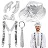 CHRI Set di 5 accessori con glitter da uomo, con bretelle, cappello, cravatte, papillon, guanti per feste di carnevale, Glitter outfit bianco, glitzer outfit Weiß
