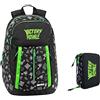 Accessorio Fortnite. ZAINO SCUOLA Compatibile Con FORTNITE Victory Royale attrezzato tondo + astuccio 3 piani completo + Omaggio 7 Penne Scatto cancellabili con portachiave gioco cubo