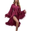 Caziffer Camicia da Notte Donne Raso Kimono Accappatoio Sexy Piuma Lingerie Robe Sleepwear Vedere Attraverso Babydoll Partito Nuziale Vestaglia Abito Accappatoio (A Vino Rosso, One Size)
