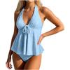 Generico Set Tankini Halter Costume Bagno Volant Due Pezzi Controllo Pancia Bottom Bikini con Pizzo Taglia Plus (Azzurro-a, S)