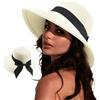 DRESHOW Cappelli da Sole per Donna Fedora da Viaggio Pieghevole da Spiaggia Cappello da Sole Sstivo a Tesa Larga in Paglia con Fiocco UPF 50+