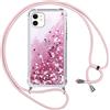 Vauki Cover Glitter per iPhone 11 con Cordino,Custodia Brillantini Liquido Quicksand, Trasparente Bling Sabbie Donna Morbido Silicone Antiurto Protettivo Case per iPhone 11 6.1