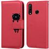 Ailisi Cover per Huawei P30 Lite, Red Flip Cover Cartoon Cute Cat Custodia Protettiva Caso Libro in Pelle PU con Portafoglio, Funzione Supporto - Gatto, Rosso Scuro