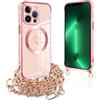 Pnakqil per Magnetica Cover per iPhone 13 Pro Max con Cordino, Compatibile con MagSafe, Ultra Sottile Cuore Silicone Custodia con Laccio Tracolla, Elettrolitico TPU Case con Collana, Rosa Oro