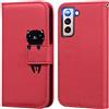 Ailisi Cover per Galaxy S21 FE 5G, Red Flip Cover Cartoon Cute Cat Custodia Protettiva Caso Libro in Pelle PU con Portafoglio, Funzione Supporto - Gatto, Rosso Scuro
